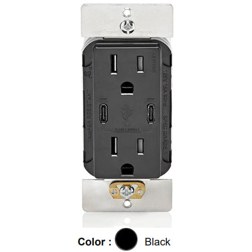 Leviton T5636-E, 60W (6A) Dual Type-C USB Power Delivery (PD) In-Wall Charger with Duplex Tamper-Resistant Receptacle, 15A 125V, Black