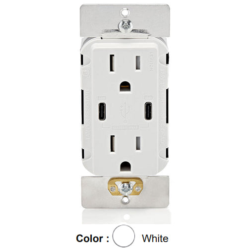 Leviton T5636-W, 60W (6A) Dual Type-C USB Power Delivery (PD) In-Wall Charger with Duplex Tamper-Resistant Receptacle, 15A 125V, White