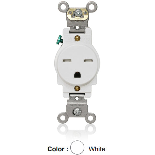 Leviton T5661-W, Tamper-Resistant Standard Straight Blade Single Receptacle, Heavy-Duty Industrial Specification Grade, Smooth Face, 15A 250V, NEMA 6-15R, 2-Pole, 3-Wire, Back and Side Wire, White
