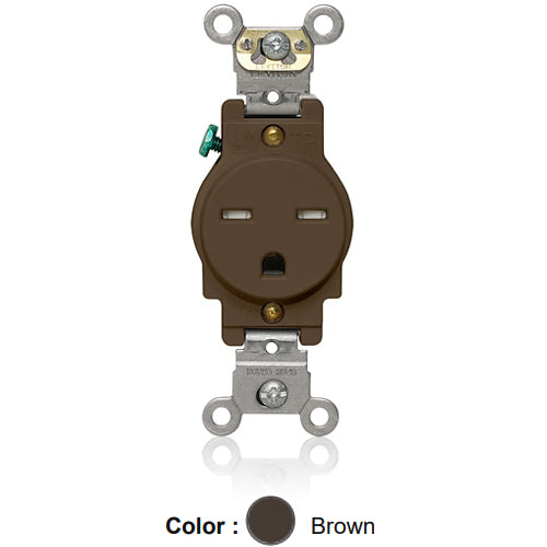 Leviton T5661, Tamper-Resistant Standard Straight Blade Single Receptacle, Heavy-Duty Industrial Specification Grade, Smooth Face, 15A 250V, NEMA 6-15R, 2-Pole, 3-Wire, Back and Side Wire, Brown