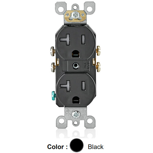 Leviton T5820-E, Tamper-Resistant Straight Blade Duplex Receptacle, Residential Grade, 20A 125V, NEMA 5-20R, 2-Pole, 3-Wire, Self Grounding, Side Wired Only, Black, 2 Packs