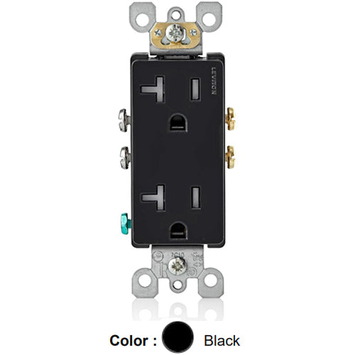Leviton T5825-E, Decora Straight Blade Duplex Receptacle, Residential Grade, Tamper-Resistant, 20A 125V, NEMA 5-20R, 2-Pole, 3-Wire, Self-Grounding, Side Wired Only, Black