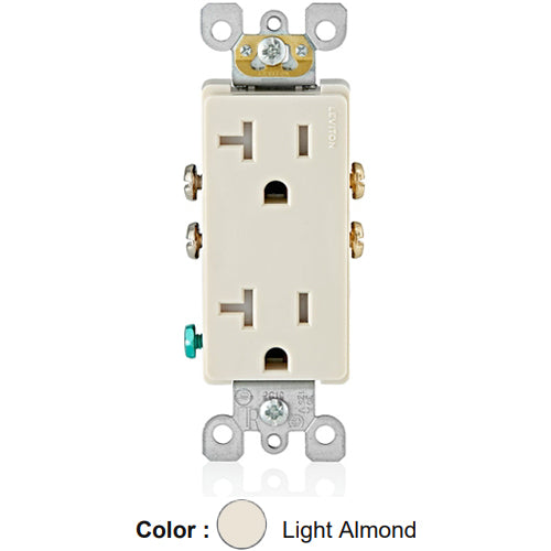 Leviton T5825-T, Decora Straight Blade Duplex Receptacle, Residential Grade, Tamper-Resistant, 20A 125V, NEMA 5-20R, 2-Pole, 3-Wire, Self-Grounding, Side Wired Only, Light Almond