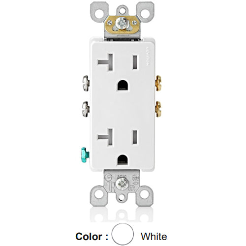 Leviton T5825-W, Decora Straight Blade Duplex Receptacle, Residential Grade, Tamper-Resistant, 20A 125V, NEMA 5-20R, 2-Pole, 3-Wire, Self-Grounding, Side Wired Only, White