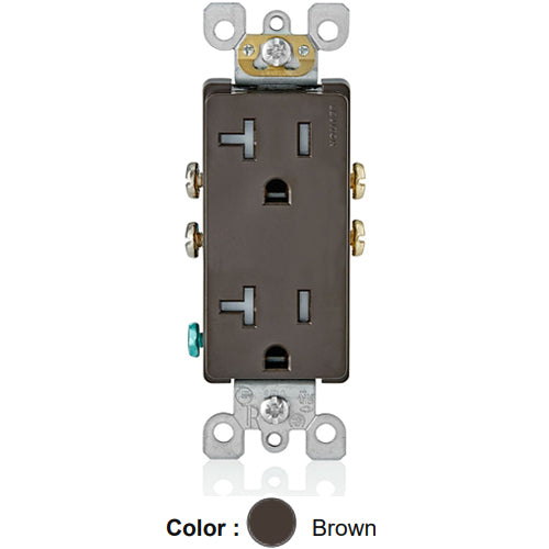 Leviton T5825, Decora Straight Blade Duplex Receptacle, Residential Grade, Tamper-Resistant, 20A 125V, NEMA 5-20R, 2-Pole, 3-Wire, Self-Grounding, Side Wired Only, Brown
