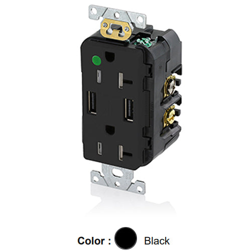 Leviton T5832-HGE, 18W (3.6A) Dual Type A USB In-Wall Charger with Duplex Tamper-Resistant Receptacle, Heavy-Duty Hospital Grade, Smooth Face, 20A 125V, NEMA 5-20R, 2-Pole, 3-Wire, Self-Grounding, Black
