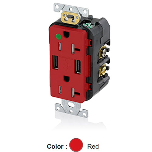 Leviton T5832-HGR, 18W (3.6A) Dual Type A USB In-Wall Charger with Duplex Tamper-Resistant Receptacle, Heavy-Duty Hospital Grade, Smooth Face, 20A 125V, NEMA 5-20R, 2-Pole, 3-Wire, Self-Grounding, Red