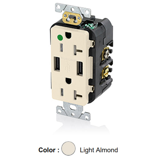 Leviton T5832-HGT, 18W (3.6A) Dual Type A USB In-Wall Charger with Duplex Tamper-Resistant Receptacle, Heavy-Duty Hospital Grade, Smooth Face, 20A 125V, NEMA 5-20R, 2-Pole, 3-Wire, Self-Grounding, Light Almond