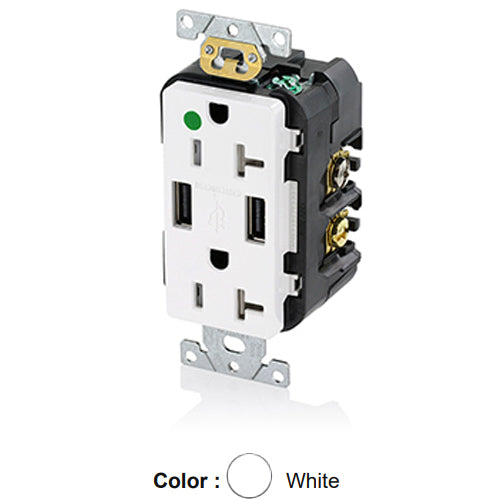Leviton T5832-HGW, 18W (3.6A) Dual Type A USB In-Wall Charger with Duplex Tamper-Resistant Receptacle, Heavy-Duty Hospital Grade, Smooth Face, 20A 125V, NEMA 5-20R, 2-Pole, 3-Wire, Self-Grounding, White