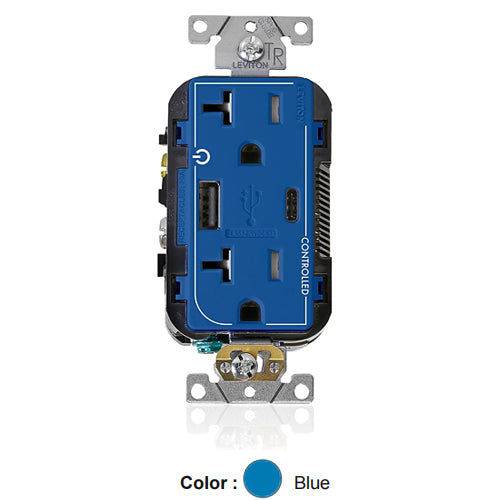 Leviton T5833-2BU, Dual Marked ''Controlled'' Tamper-Resistant USB Straight Blade Receptacle, Type A/C, Commercial Specification Grade, 20A 125V, NEMA 5-20R, 2-Pole, 3-Wire, Blue