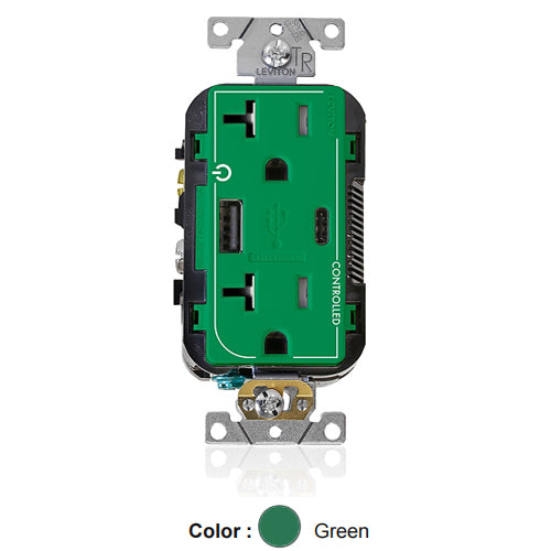 Leviton T5833-2GN, Dual Marked ''Controlled'' Tamper-Resistant USB Straight Blade Receptacle, Type A/C, Commercial Specification Grade, 20A 125V, NEMA 5-20R, 2-Pole, 3-Wire, Green