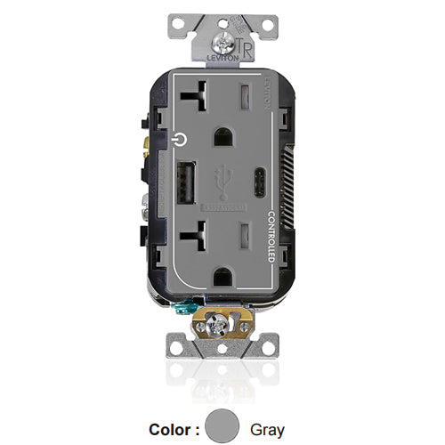 Leviton T5833-2GY, Dual Marked ''Controlled'' Tamper-Resistant USB Straight Blade Receptacle, Type A/C, Commercial Specification Grade, 20A 125V, NEMA 5-20R, 2-Pole, 3-Wire, Gray