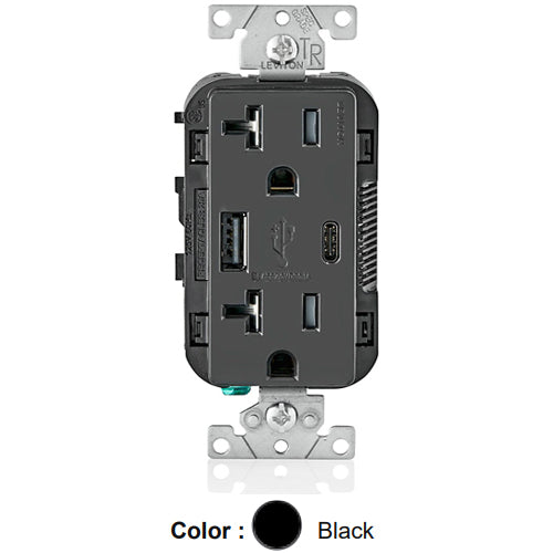Leviton T5833-E, 25+W (5.1 A) Dual Type A/C USB In-Wall Charger with Duplex Tamper-Resistant Receptacle, 20A 125V, Grounding, Back & Side Wired, Black