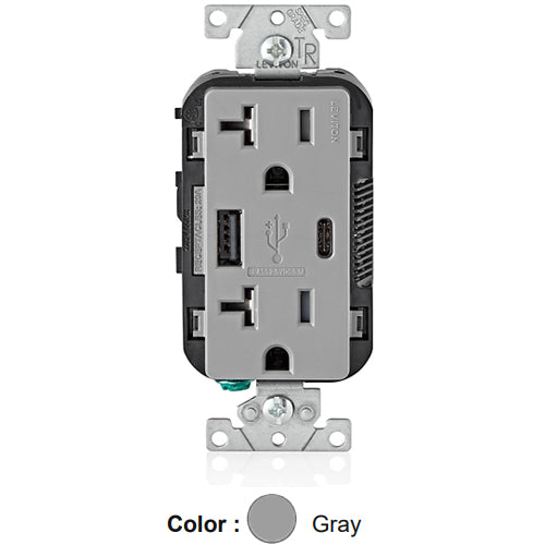 Leviton T5833-GY, 25+W (5.1 A) Dual Type A/C USB In-Wall Charger with Duplex Tamper-Resistant Receptacle, 20A 125V, Grounding, Back & Side Wired, Gray