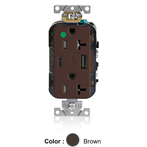 Leviton T5833-HG, Decora Plus Straight Blade Duplex Receptacle with USB, Heavy-Duty Hospital Grade, One Type A & One Type C USB Port (5.1 Amp), Smooth Face, Tamper-Resistant, 20A 125V, NEMA 5-20R, 2-Pole, 3-Wire, Brown
