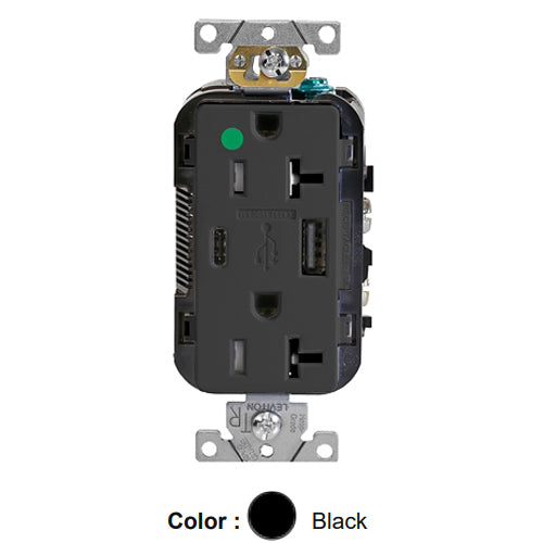 Leviton T5833-HGE, Decora Plus Straight Blade Duplex Receptacle with USB, Heavy-Duty Hospital Grade, One Type A & One Type C USB Port (5.1 Amp), Smooth Face, Tamper-Resistant, 20A 125V, NEMA 5-20R, 2-Pole, 3-Wire, Black