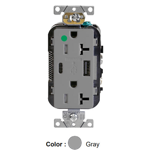 Leviton T5833-HGG, Decora Plus Straight Blade Duplex Receptacle with USB, Heavy-Duty Hospital Grade, One Type A & One Type C USB Port (5.1 Amp), Smooth Face, Tamper-Resistant, 20A 125V, NEMA 5-20R, 2-Pole, 3-Wire, Gray
