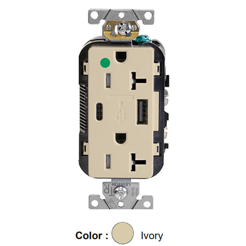 Leviton T5833-HGI, Decora Plus Straight Blade Duplex Receptacle with USB, Heavy-Duty Hospital Grade, One Type A & One Type C USB Port (5.1 Amp), Smooth Face, Tamper-Resistant, 20A 125V, NEMA 5-20R, 2-Pole, 3-Wire, Ivory