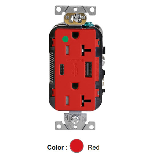 Leviton T5833-HGR, Decora Plus Straight Blade Duplex Receptacle with USB, Heavy-Duty Hospital Grade, One Type A & One Type C USB Port (5.1 Amp), Smooth Face, Tamper-Resistant, 20A 125V, NEMA 5-20R, 2-Pole, 3-Wire, Red
