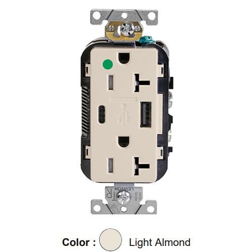 Leviton T5833-HGT, Decora Plus Straight Blade Duplex Receptacle with USB, Heavy-Duty Hospital Grade, One Type A & One Type C USB Port (5.1 Amp), Smooth Face, Tamper-Resistant, 20A 125V, NEMA 5-20R, 2-Pole, 3-Wire, Light Almond