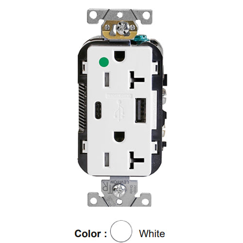 Leviton T5833-HGW, Decora Plus Straight Blade Duplex Receptacle with USB, Heavy-Duty Hospital Grade, One Type A & One Type C USB Port (5.1 Amp), Smooth Face, Tamper-Resistant, 20A 125V, NEMA 5-20R, 2-Pole, 3-Wire, White