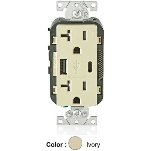 Leviton T5833-I, 25+W (5.1 A) Dual Type A/C USB In-Wall Charger with Duplex Tamper-Resistant Receptacle, 20A 125V, Grounding, Back & Side Wired, Ivory