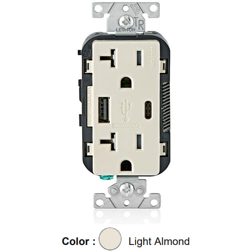 Leviton T5833-T, 25+W (5.1 A) Dual Type A/C USB In-Wall Charger with Duplex Tamper-Resistant Receptacle, 20A 125V, Grounding, Back & Side Wired, Light Almond