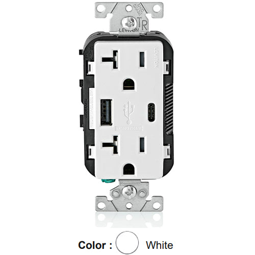 Leviton T5833-W, 25+W (5.1 A) Dual Type A/C USB In-Wall Charger with Duplex Tamper-Resistant Receptacle, 20A 125V, Grounding, Back & Side Wired, White