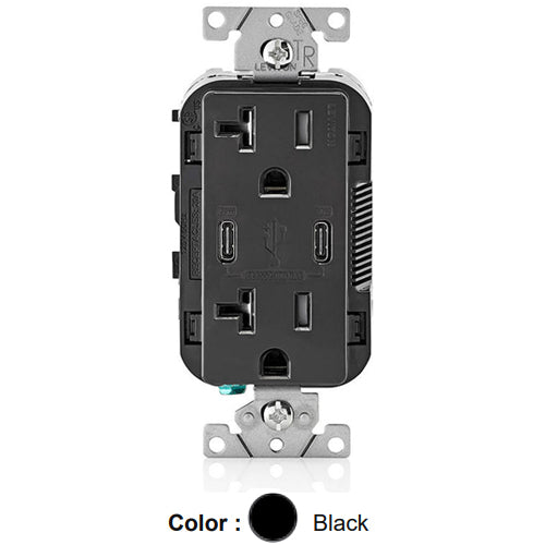 Leviton T5835-E, 30W (6A) Dual Type-C USB Power Delivery (PD) In-Wall Charger with Duplex Tamper-Resistant Receptacle, 20A 125V, Grounding, Back & Side Wired, Black