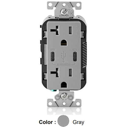 Leviton T5835-G, 30W (6A) Dual Type-C USB Power Delivery (PD) In-Wall Charger with Duplex Tamper-Resistant Receptacle, 20A 125V, Grounding, Back & Side Wired, Gray
