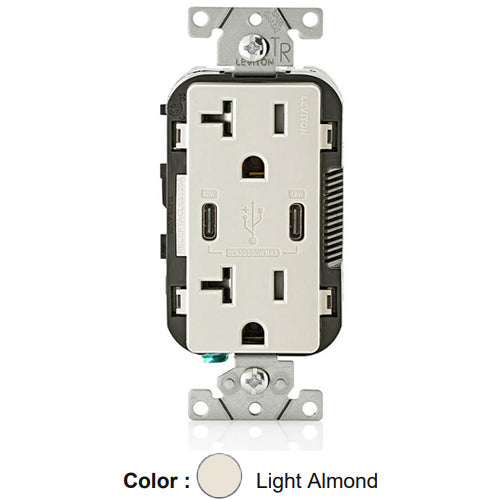 Leviton T5835-T, 30W (6A) Dual Type-C USB Power Delivery (PD) In-Wall Charger with Duplex Tamper-Resistant Receptacle, 20A 125V, Grounding, Back & Side Wired, Light Almond