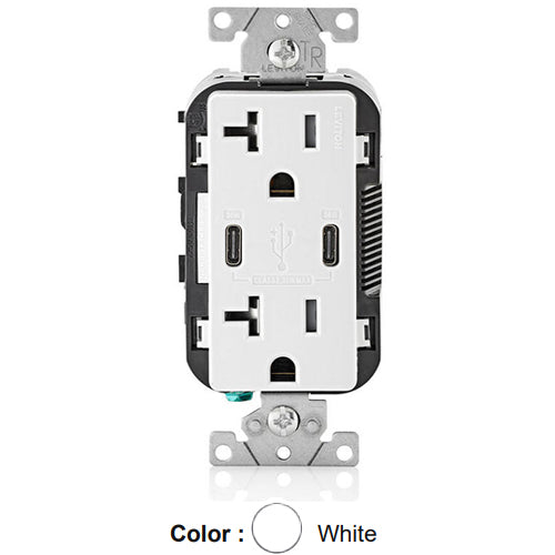 Leviton T5835-W, 30W (6A) Dual Type-C USB Power Delivery (PD) In-Wall Charger with Duplex Tamper-Resistant Receptacle, 20A 125V, Grounding, Back & Side Wired, White