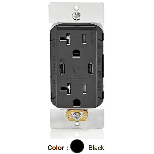 Leviton T5836-E, 60W (6A) Dual Type-C USB Power Delivery (PD) In-Wall Charger with Duplex Tamper-Resistant Receptacle, 20A 125V, Black