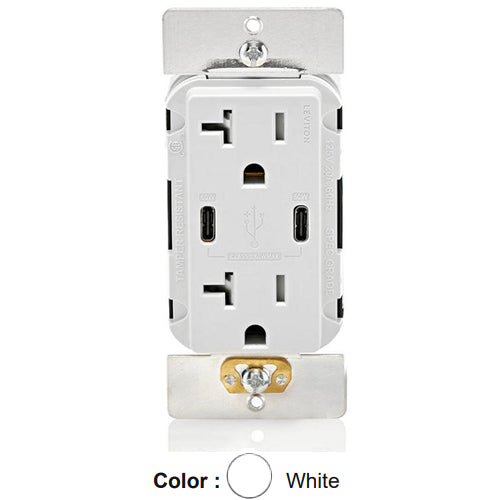 Leviton T5836-W, 60W (6A) Dual Type-C USB Power Delivery (PD) In-Wall Charger with Duplex Tamper-Resistant Receptacle, 20A 125V, White