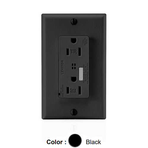 Leviton T7280-E, Decora Plus Surge Protective Duplex Receptacle, Commercial Specification Grade, Tamper-Resistant, Audible Alarm, Indicator Light, 15A 125V, NEMA 5-15R, 2-Pole, 3-Wire, Back and Side Wire, Black