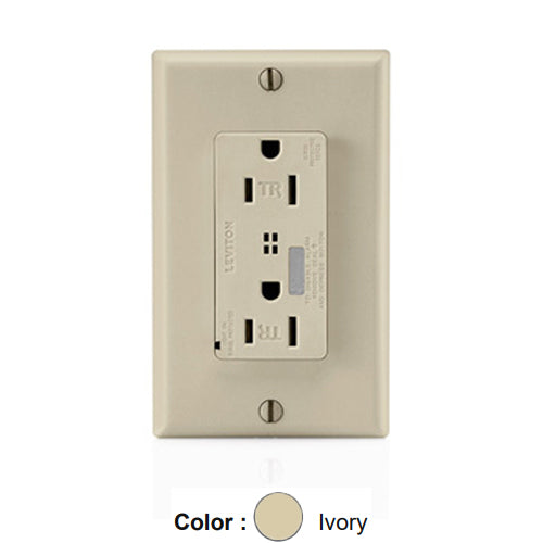 Leviton T7280-I, Decora Plus Surge Protective Duplex Receptacle, Commercial Specification Grade, Tamper-Resistant, Audible Alarm, Indicator Light, 15A 125V, NEMA 5-15R, 2-Pole, 3-Wire, Back and Side Wire, Ivory