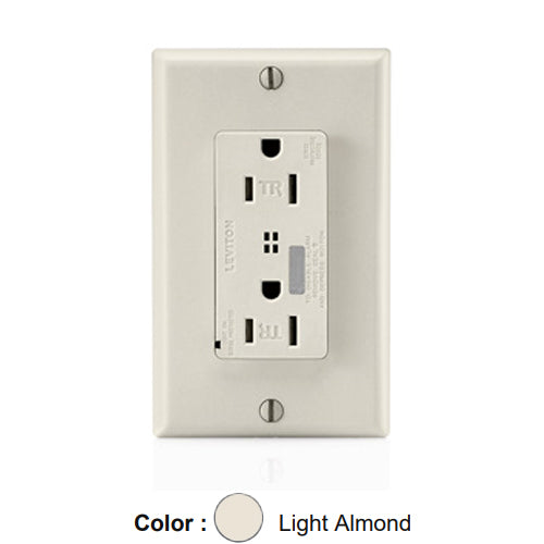 Leviton T7280-T, Decora Plus Surge Protective Duplex Receptacle, Commercial Specification Grade, Tamper-Resistant, Audible Alarm, Indicator Light, 15A 125V, NEMA 5-15R, 2-Pole, 3-Wire, Back and Side Wire, Light Almond