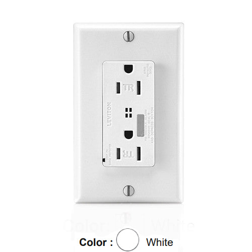 Leviton T7280-W, Decora Plus Surge Protective Duplex Receptacle, Commercial Specification Grade, Tamper-Resistant, Audible Alarm, Indicator Light, 15A 125V, NEMA 5-15R, 2-Pole, 3-Wire, Back and Side Wire, White