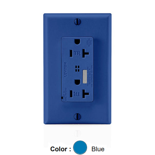 Leviton T7380-B, Decora Plus Surge Protective Duplex Receptacle, Commercial Specification Grade, Tamper-Resistant, Audible Alarm, Indicator Light, 20A 125V, NEMA 5-20R, 2-Pole, 3-Wire, Back and Side Wire, Blue