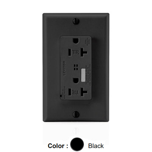 Leviton T7380-E, Decora Plus Surge Protective Duplex Receptacle, Commercial Specification Grade, Tamper-Resistant, Audible Alarm, Indicator Light, 20A 125V, NEMA 5-20R, 2-Pole, 3-Wire, Back and Side Wire, Black