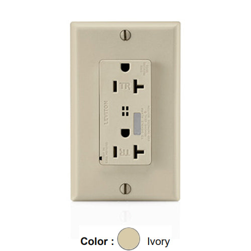 Leviton T7380-I, Decora Plus Surge Protective Duplex Receptacle, Commercial Specification Grade, Tamper-Resistant, Audible Alarm, Indicator Light, 20A 125V, NEMA 5-20R, 2-Pole, 3-Wire, Back and Side Wire, Ivory