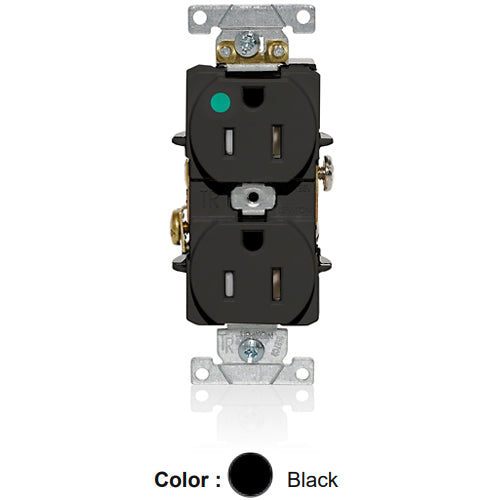 Leviton T8200-E, Tamper-Resistant Standard Straight Blade Duplex Receptacle, Heavy-Duty Hospital Grade, Smooth Face, 15A 125V, NEMA 5-15R, 2-Pole, 3-Wire, Back and Side Wire, Black