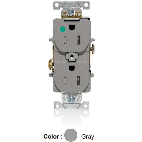Leviton T8200-GY, Tamper-Resistant Standard Straight Blade Duplex Receptacle, Heavy-Duty Hospital Grade, Smooth Face, 15A 125V, NEMA 5-15R, 2-Pole, 3-Wire, Back and Side Wire, Gray