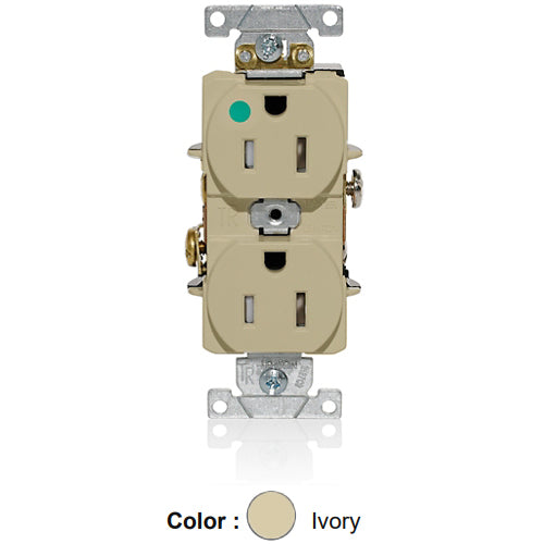 Leviton T8200-I, Tamper-Resistant Standard Straight Blade Duplex Receptacle, Heavy-Duty Hospital Grade, Smooth Face, 15A 125V, NEMA 5-15R, 2-Pole, 3-Wire, Back and Side Wire, Ivory