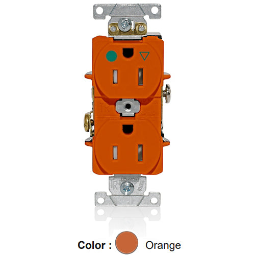 Leviton T8200-IG, Tamper-Resistant Standard Straight Blade Duplex Receptacle, Heavy-Duty Hospital Grade, Smooth Face, Isolated Ground, 15A 125V, NEMA 5-15R, 2-Pole, 3-Wire, Back and Side Wire, Orange