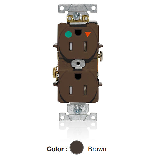 Leviton T8200-IGB, Tamper-Resistant Standard Straight Blade Duplex Receptacle, Heavy-Duty Hospital Grade, Smooth Face, Isolated Ground, 15A 125V, NEMA 5-15R, 2-Pole, 3-Wire, Back and Side Wire, Brown