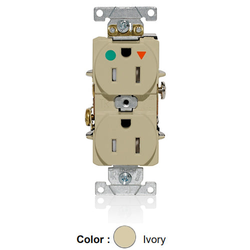 Leviton T8200-IGI, Tamper-Resistant Standard Straight Blade Duplex Receptacle, Heavy-Duty Hospital Grade, Smooth Face, Isolated Ground, 15A 125V, NEMA 5-15R, 2-Pole, 3-Wire, Back and Side Wire, Ivory