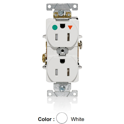 Leviton T8200-IGW, Tamper-Resistant Standard Straight Blade Duplex Receptacle, Heavy-Duty Hospital Grade, Smooth Face, Isolated Ground, 15A 125V, NEMA 5-15R, 2-Pole, 3-Wire, Back and Side Wire, White