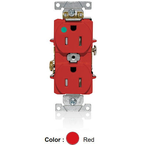 Leviton T8200-R, Tamper-Resistant Standard Straight Blade Duplex Receptacle, Heavy-Duty Hospital Grade, Smooth Face, 15A 125V, NEMA 5-15R, 2-Pole, 3-Wire, Back and Side Wire, Red