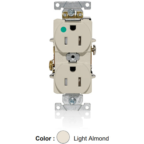 Leviton T8200-T, Tamper-Resistant Standard Straight Blade Duplex Receptacle, Heavy-Duty Hospital Grade, Smooth Face, 15A 125V, NEMA 5-15R, 2-Pole, 3-Wire, Back and Side Wire, Light Almond